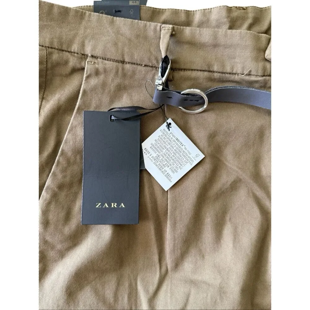 NWT Zara Mens Khaki Pleated Front Relaxed Fit Tapered Twill Chino Pants Sz US 34